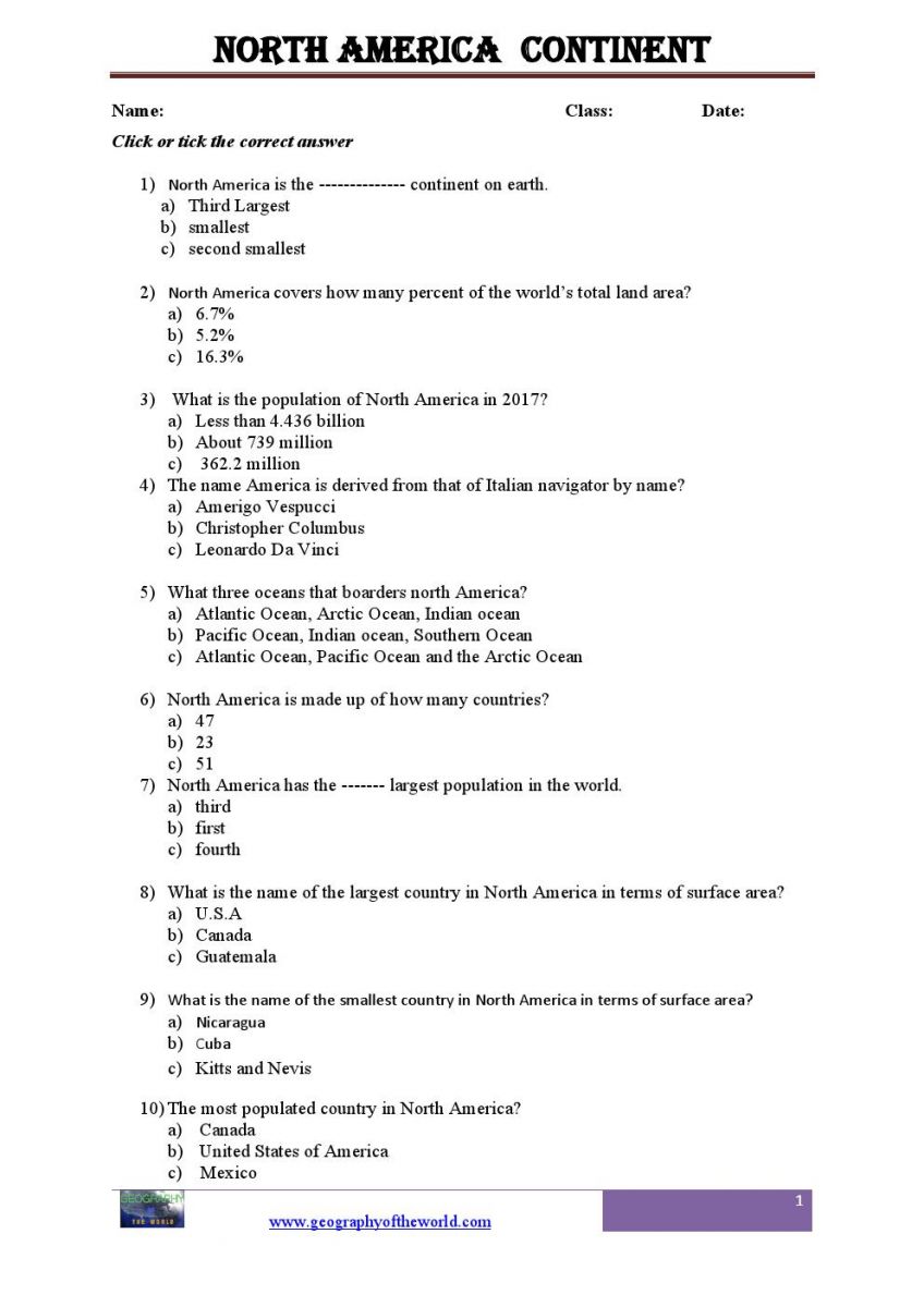 North America Continent printable worksheet pdf0001