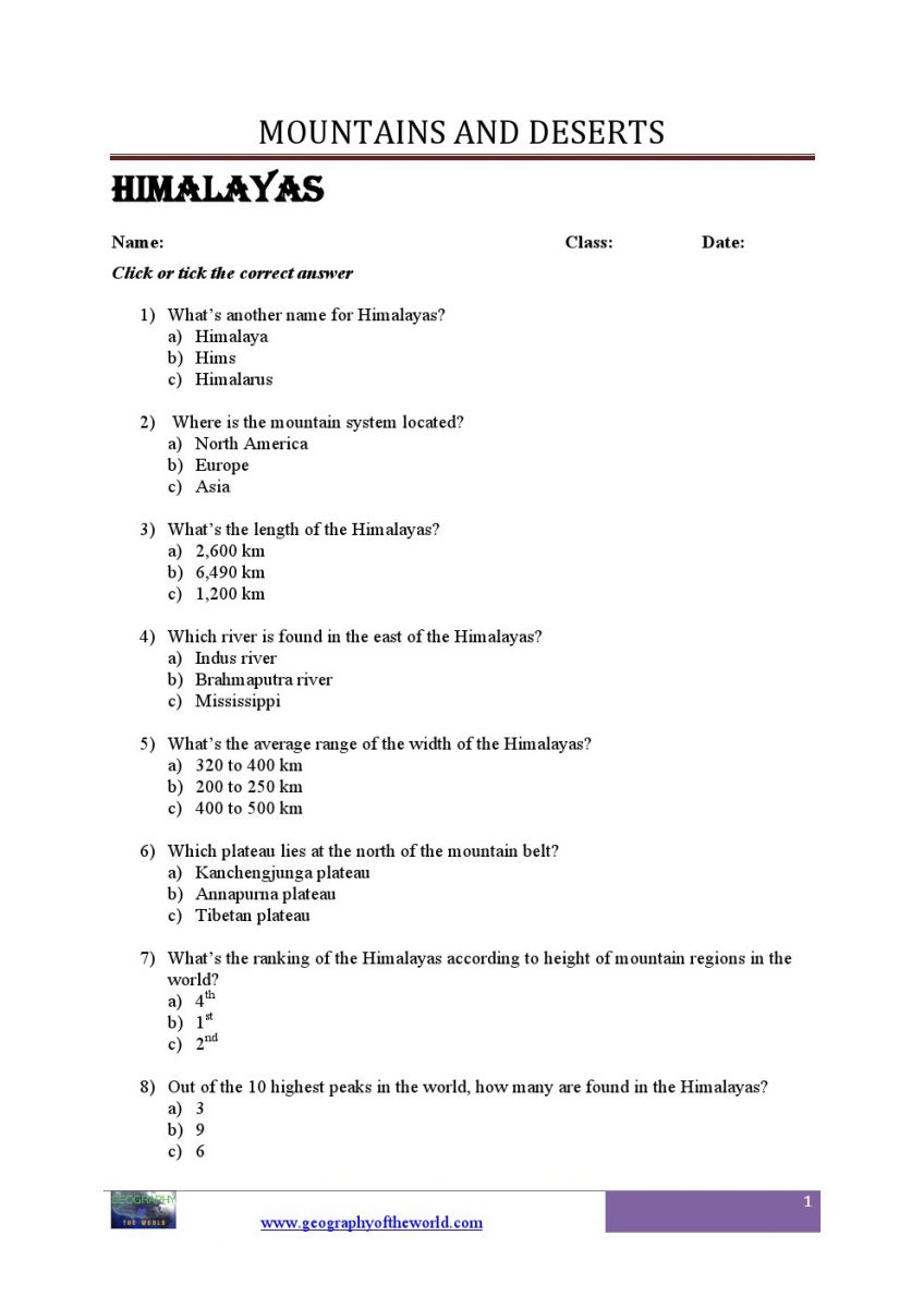 World mountains geograhy worksheets  for students