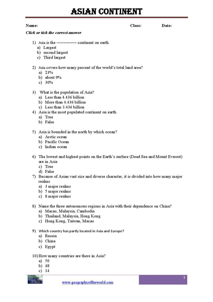 Asia continent printable worksheet pdf0001