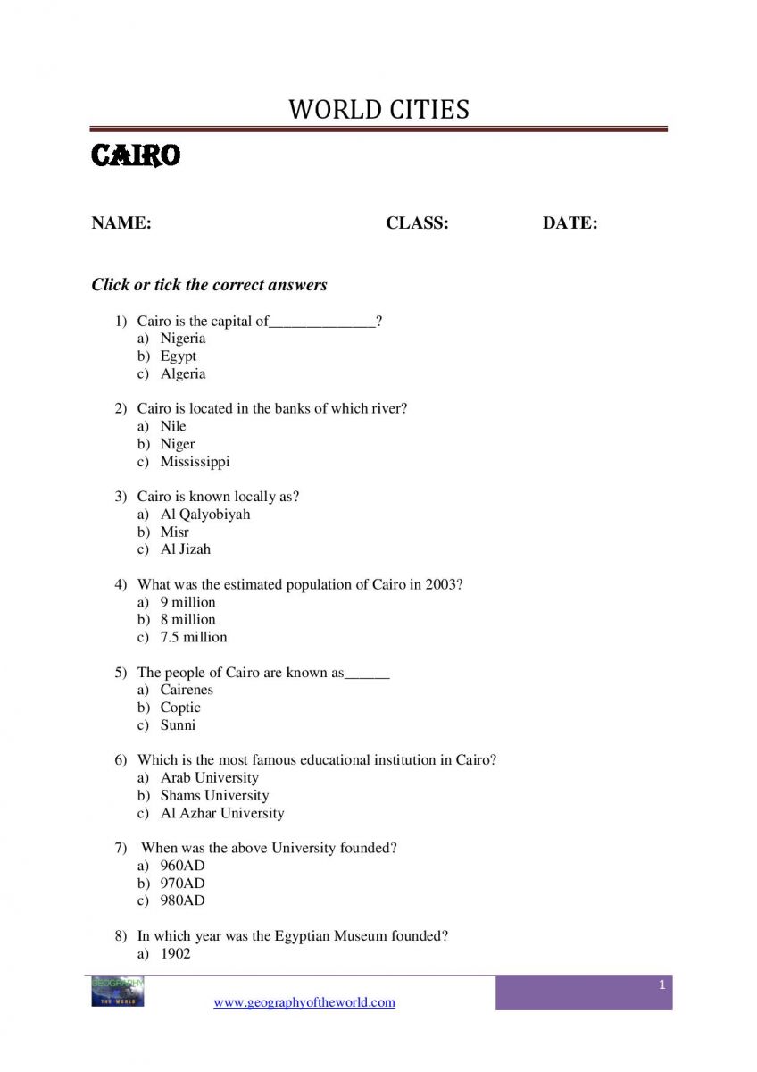 Cairo city question and answer worksheet pdf-image