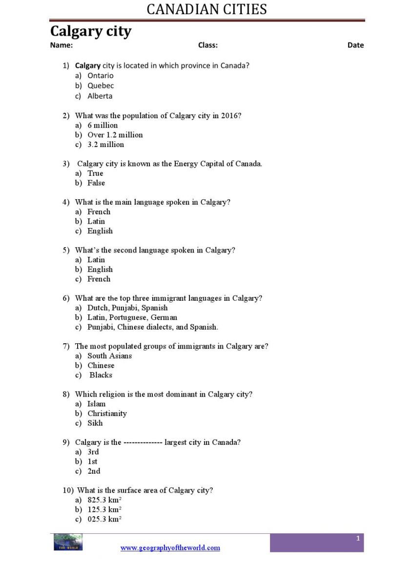canadian geography printable worksheets PDF