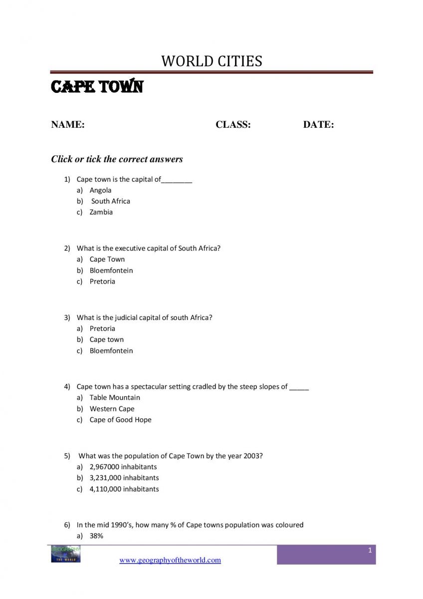 Cape town city question and answer worksheet pdf-image