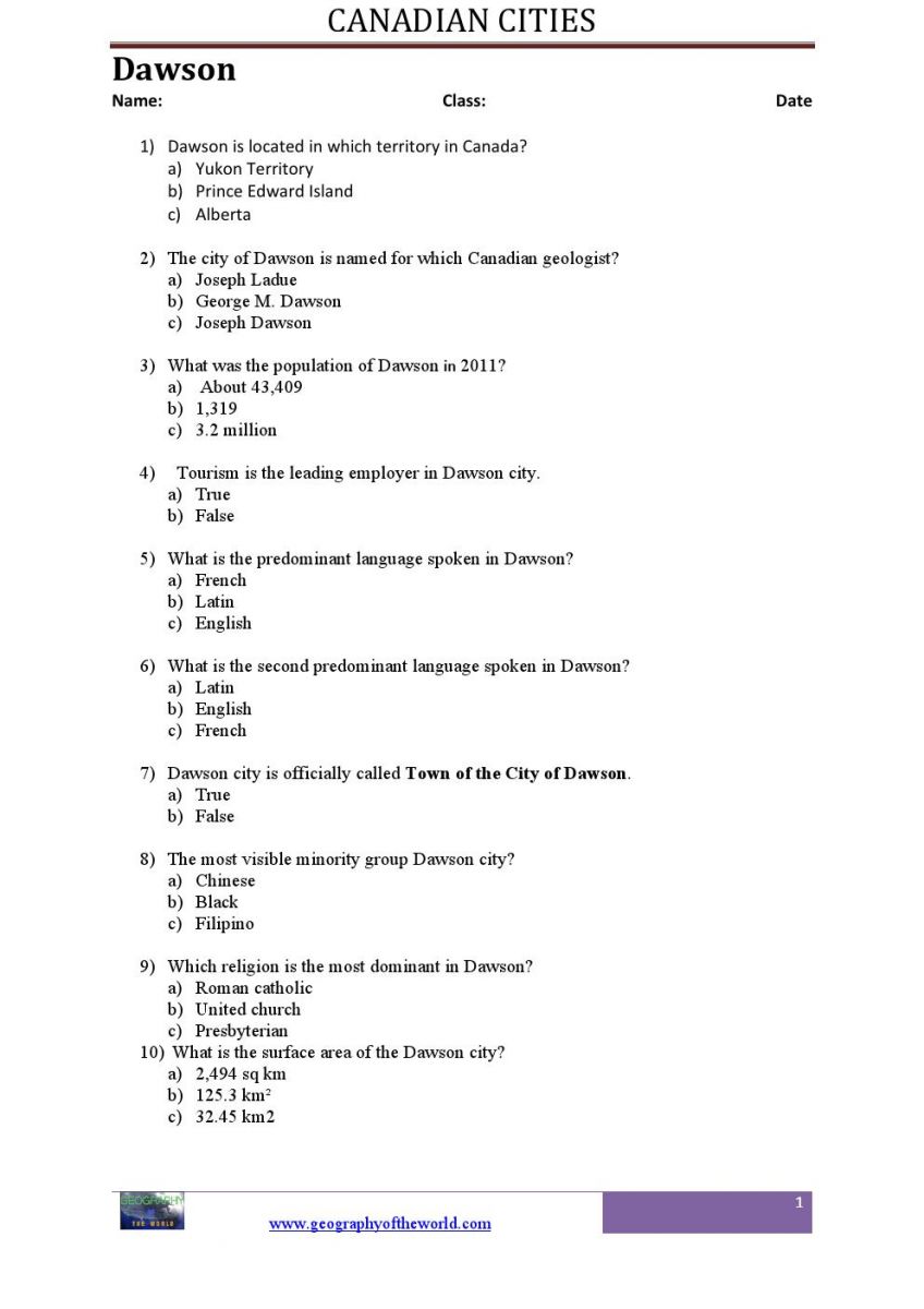 the city of Dawson in Canada  worksheet pdf printable