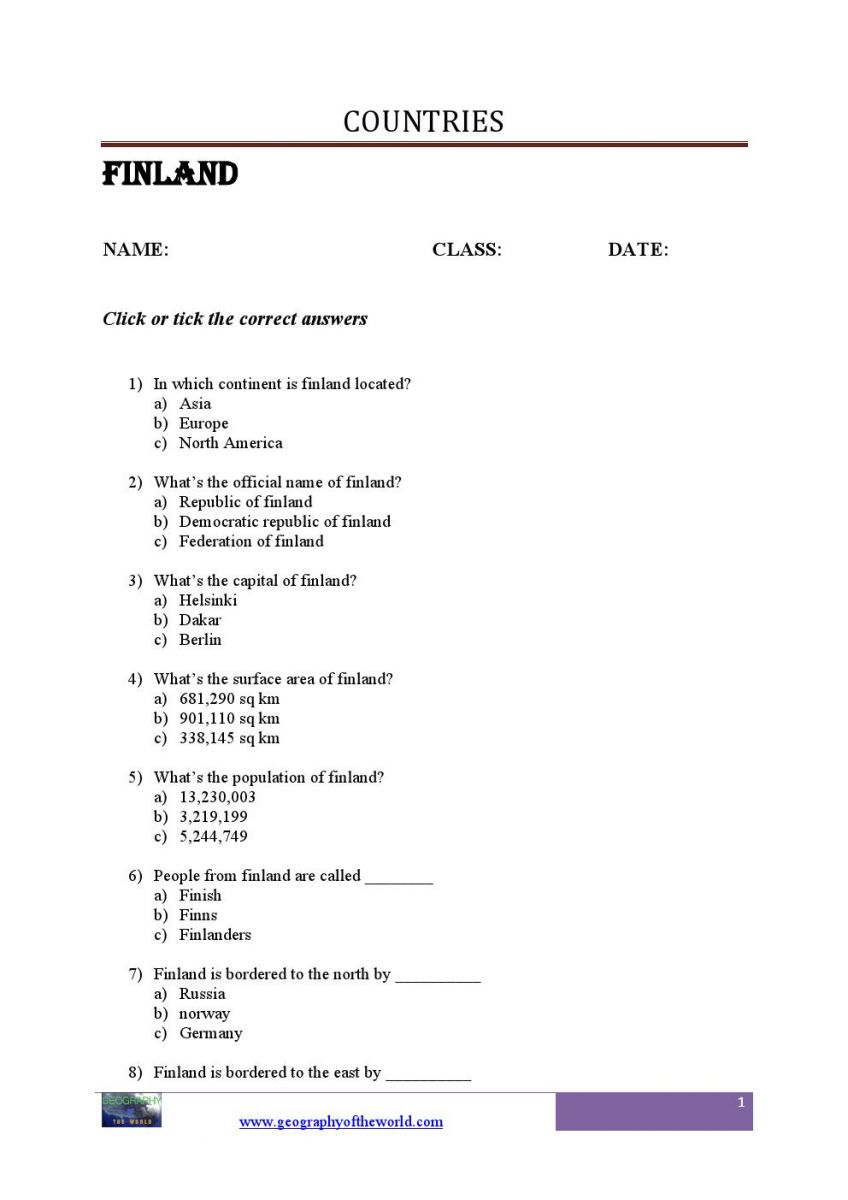 Finland country info worksheet0001