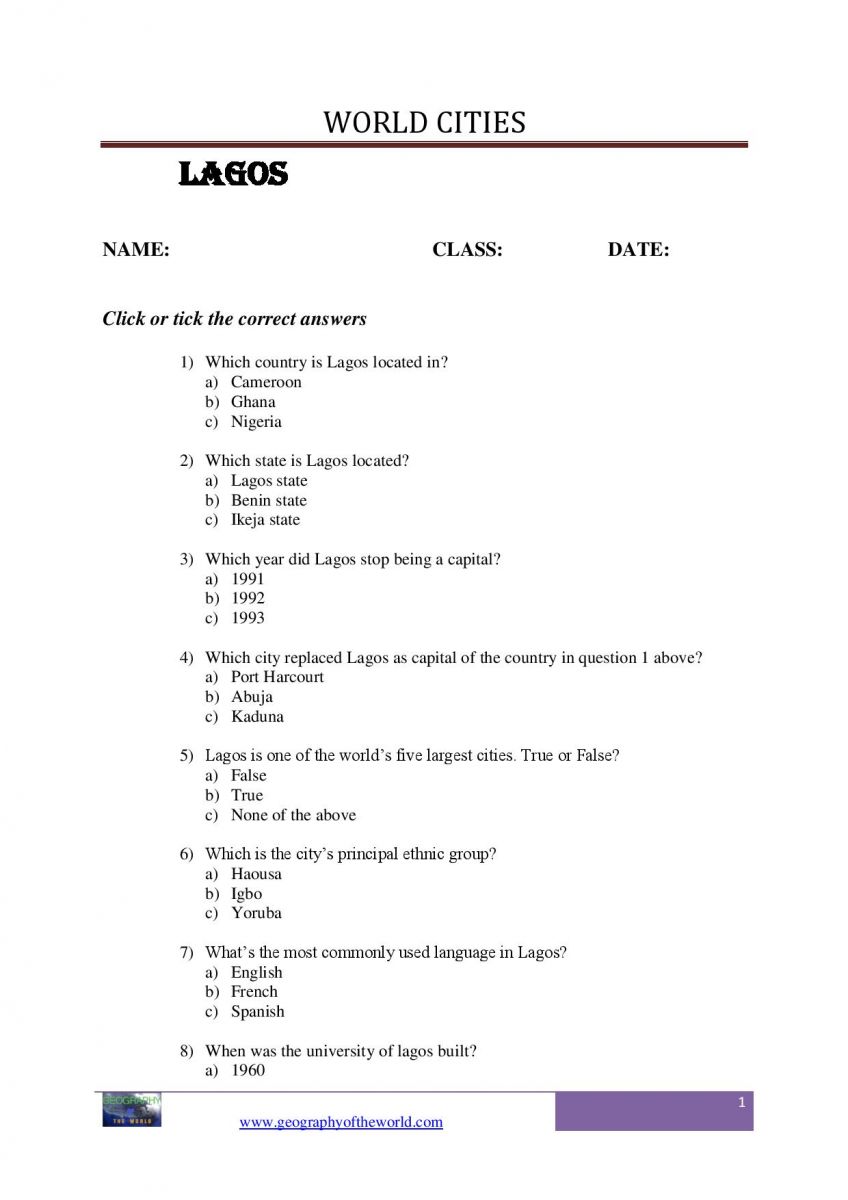 Lagos city with question and answer worksheet-page-image