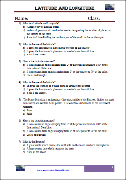 Latitude and Longitude student printable worksheet  image