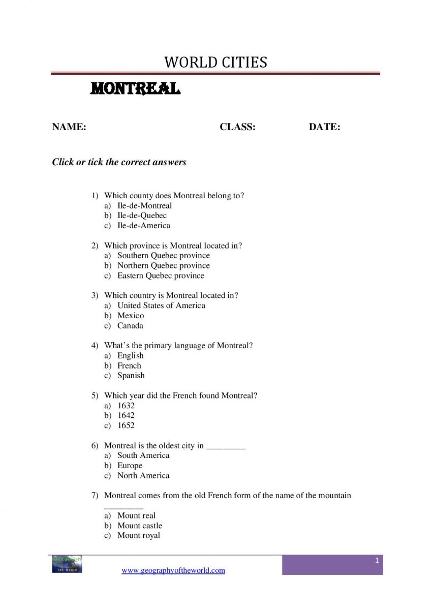 Montreal city question and answer worksheet pdf