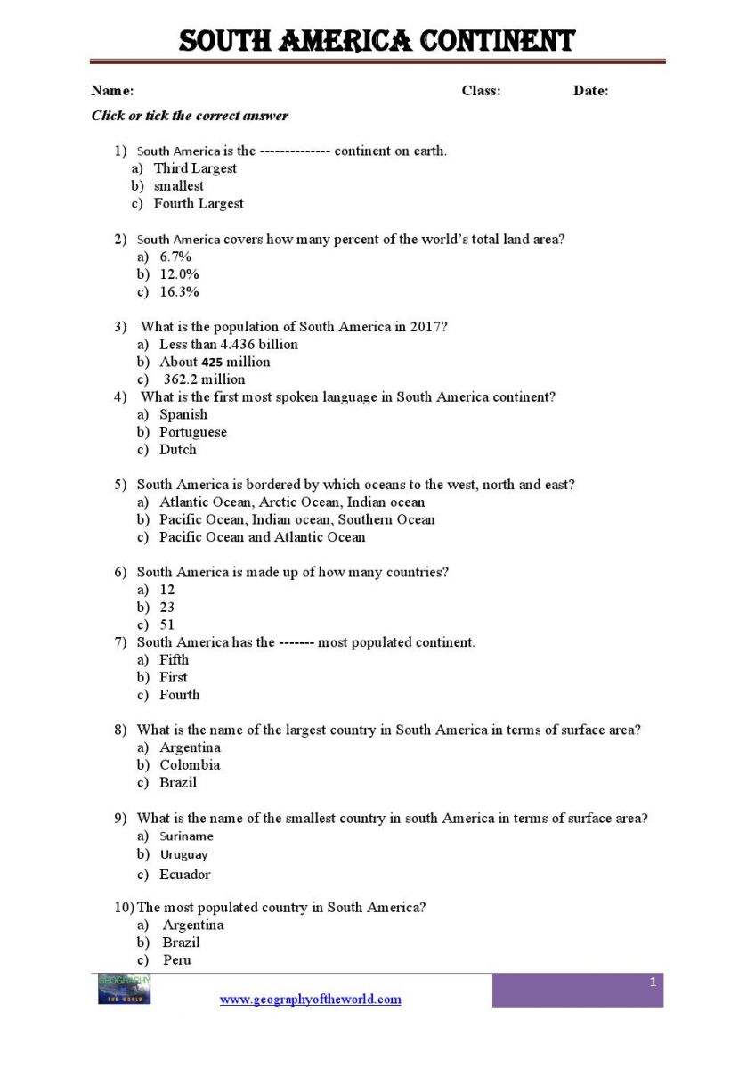South America Continent printable worksheet pdf0001