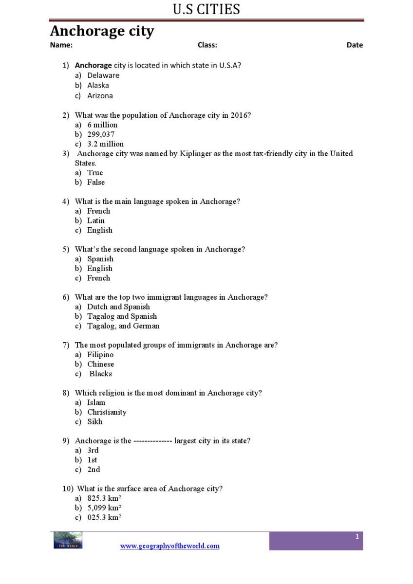 The city of Anchorage in U.S.A worksheet pdf printable