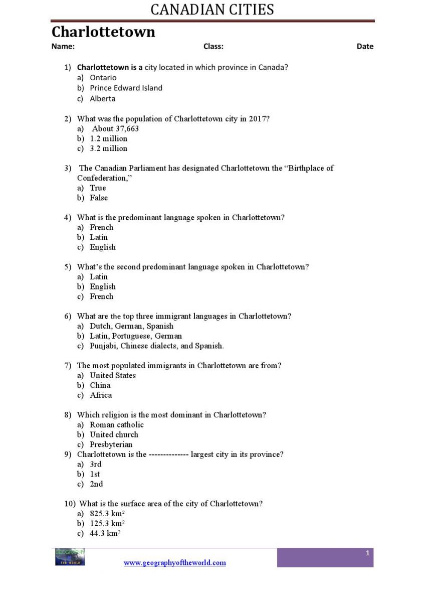 The city of Charlottetown worksheet pdf of Canada-  Printable questions and answers