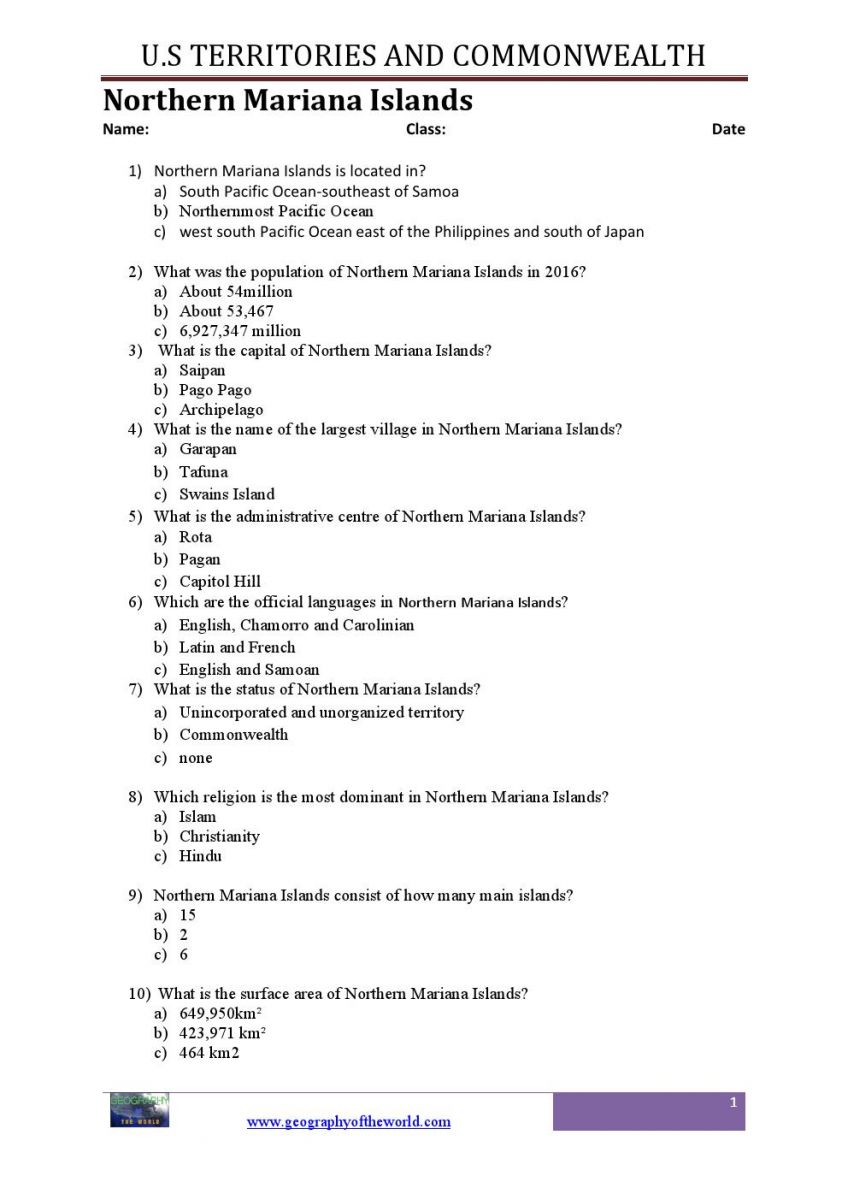 U.S geography trivia PDF worksheets on U.S territories and commonwealths worksheets