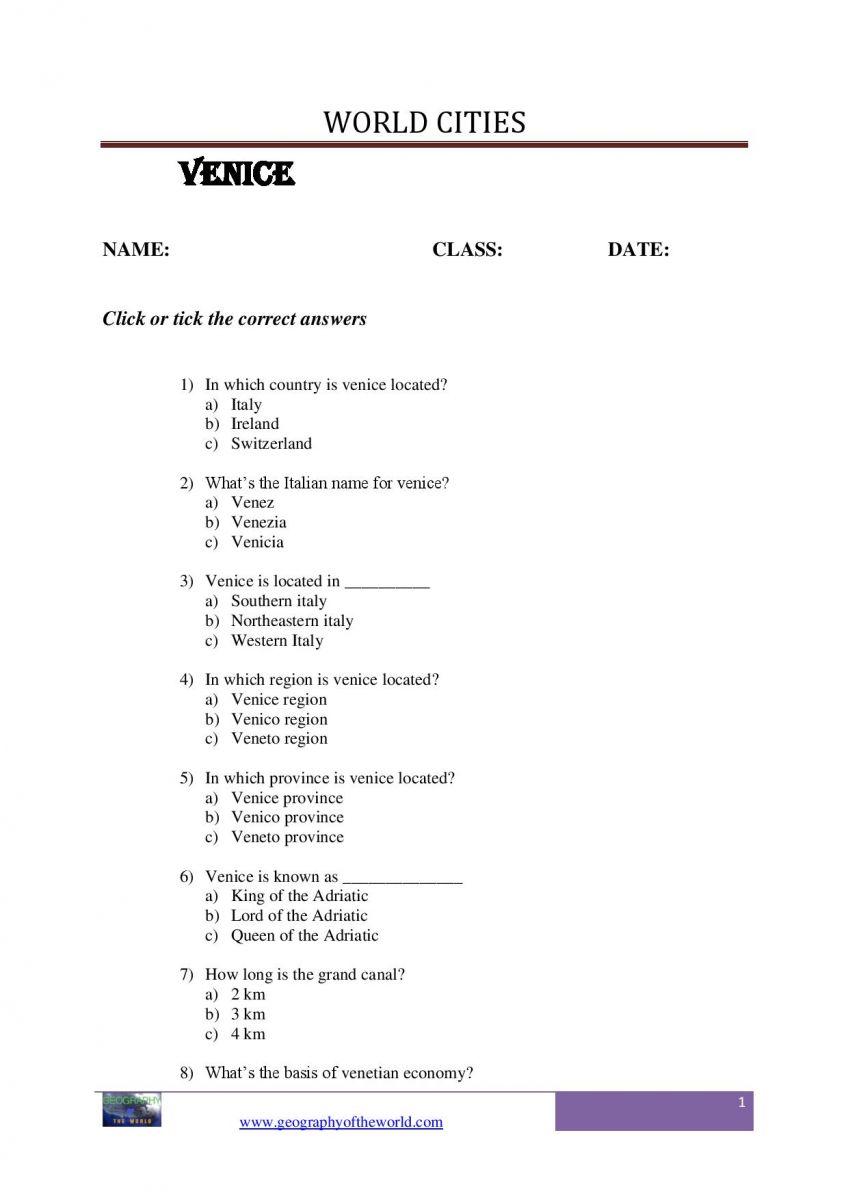 Venice city worksheet printable question and answer sheet