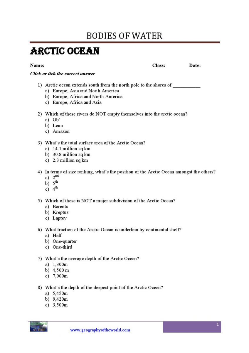 facts about the arctic ocean - questions and answers worksheets