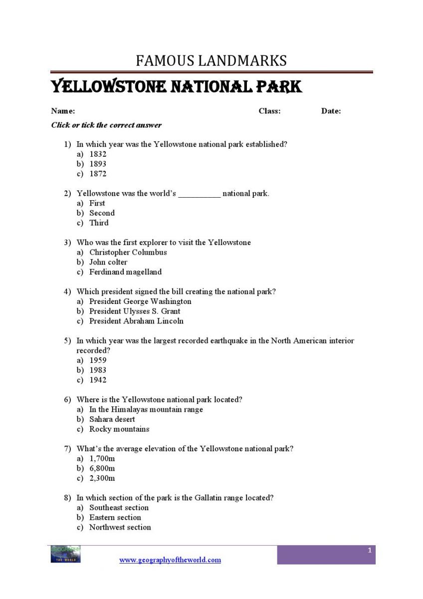 information about yellowstone national park -super worksheet