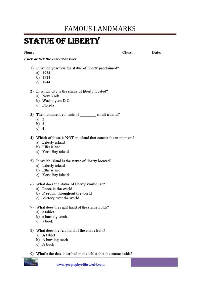 statue of liberty national monument -Answer and question worksheets