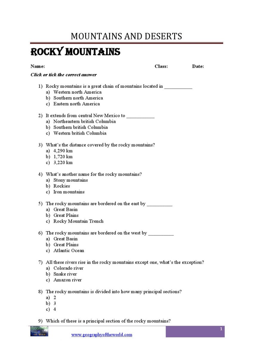 the rocky mountains questions and answers geography worksheets