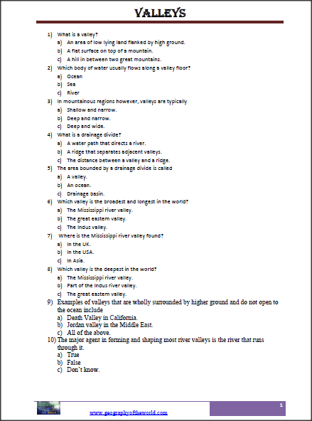 what is a valley-superteacher worksheets